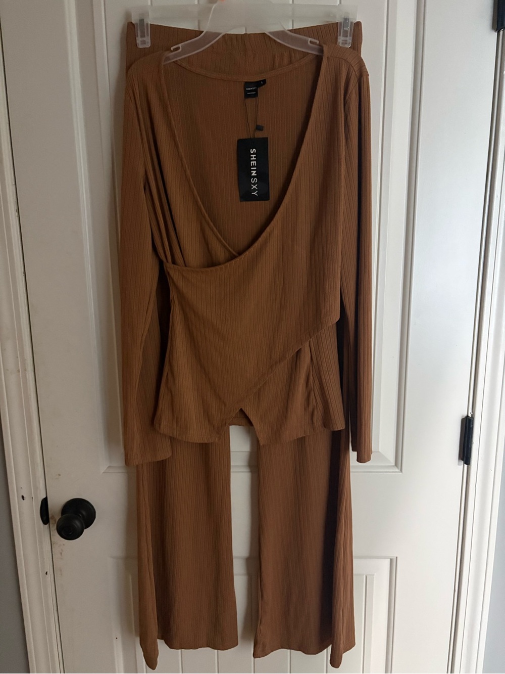 SHEIN Ribbed Wide-Leg Jumpsuit in Brown